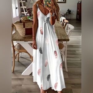 Elegant White Maxi Dress with Feather Print